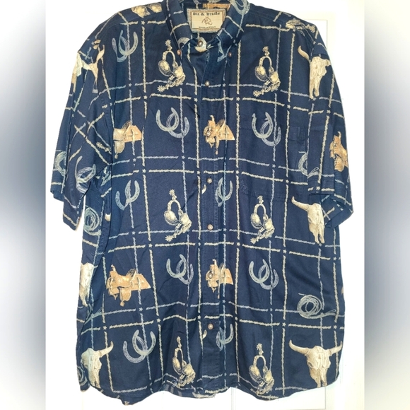 Bit & Bridle Men's Short Sleeve Button Down Shirt Size Large Black Tan Horseshoe - Picture 1 of 7